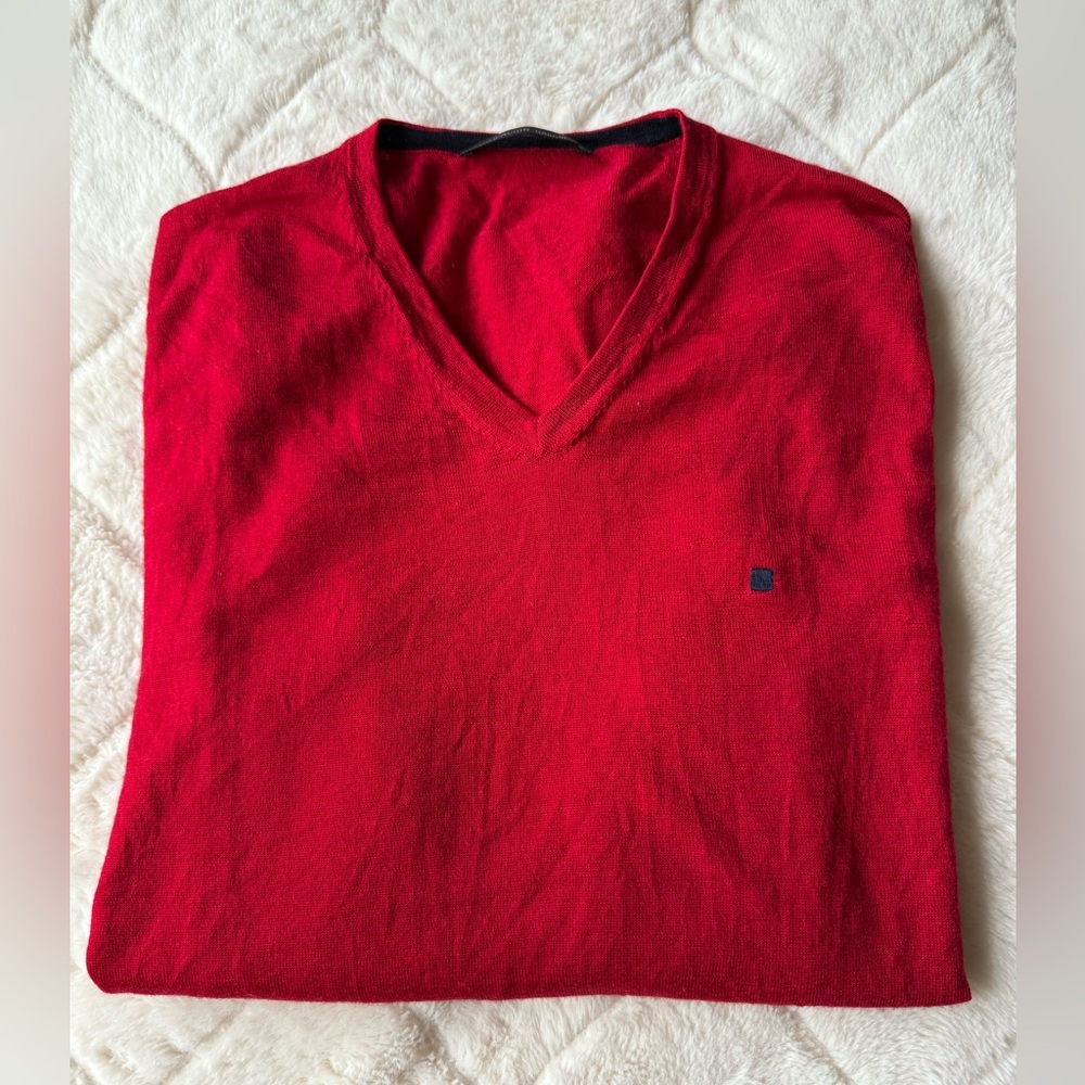 Men's Red V-Neck Sweater 100% Merino Wool